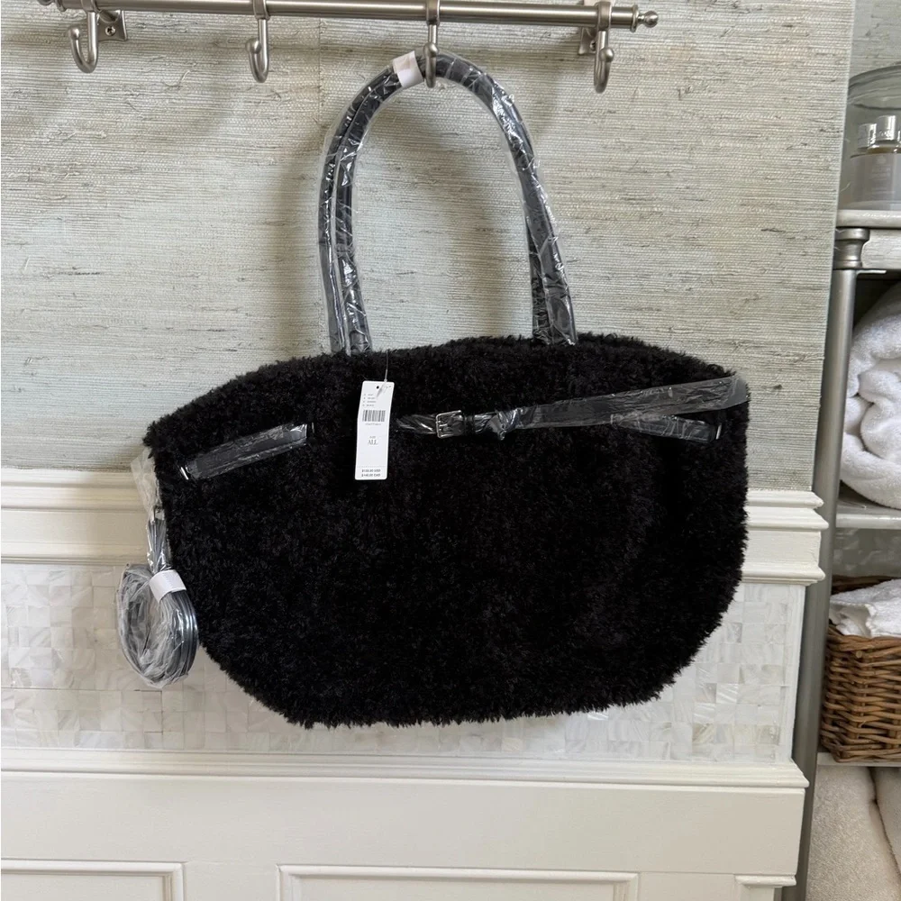 NWT new Anthropologie belted Sherpa tote bag crossbody black fuzzy